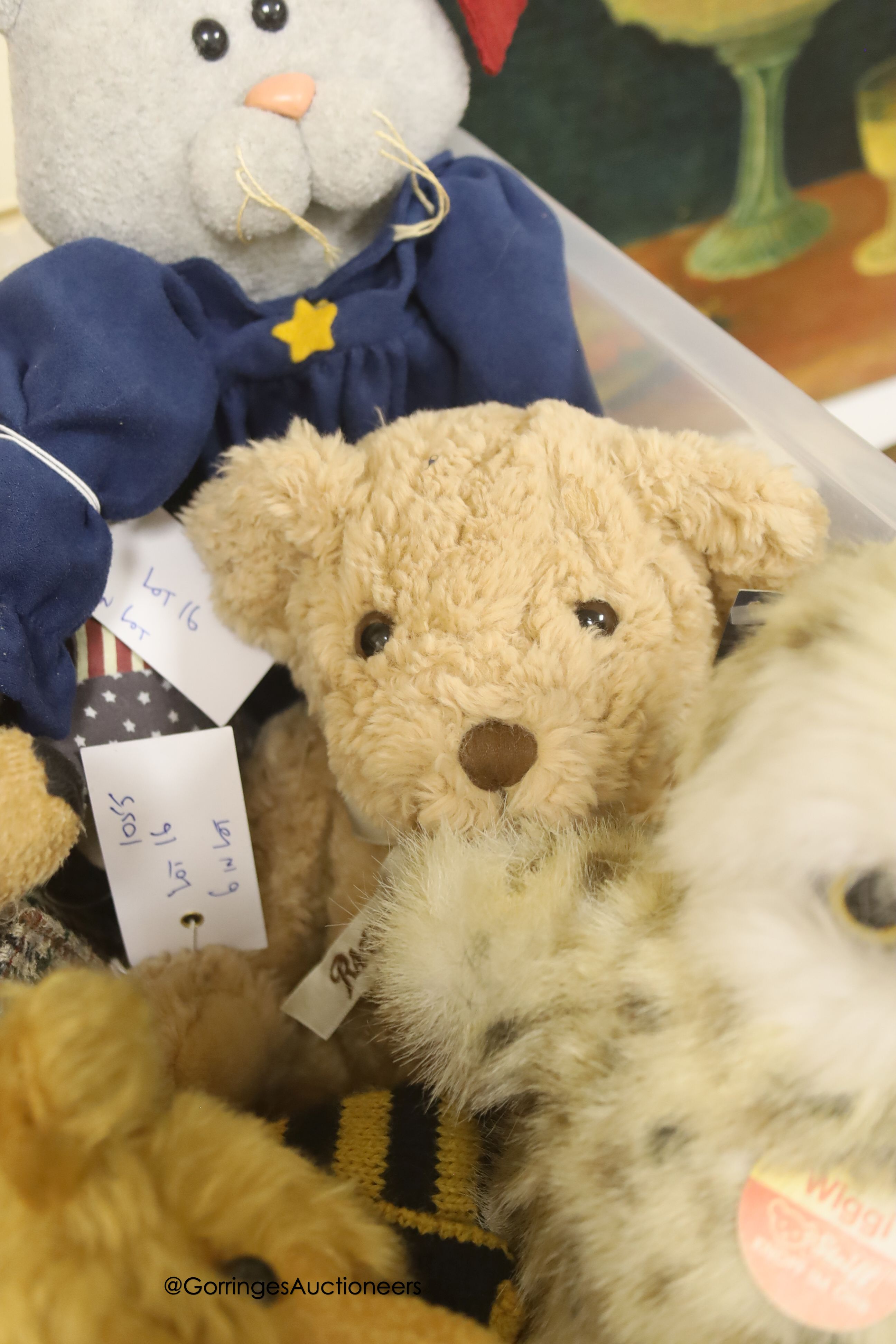 A Deans Jo Greeno bear with Deans limited edition bears; Boyds rabbit and an American comic cat, musical rag time bear and a Steiff Wiggi owl